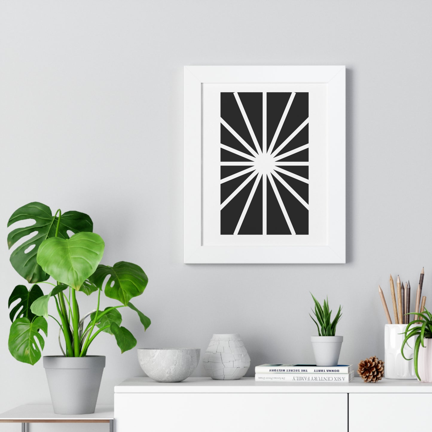 Black and White Starburst Art Print | Modern Abstract Radiant Wall Art | XCalibre Designs | Framed Vertical Poster