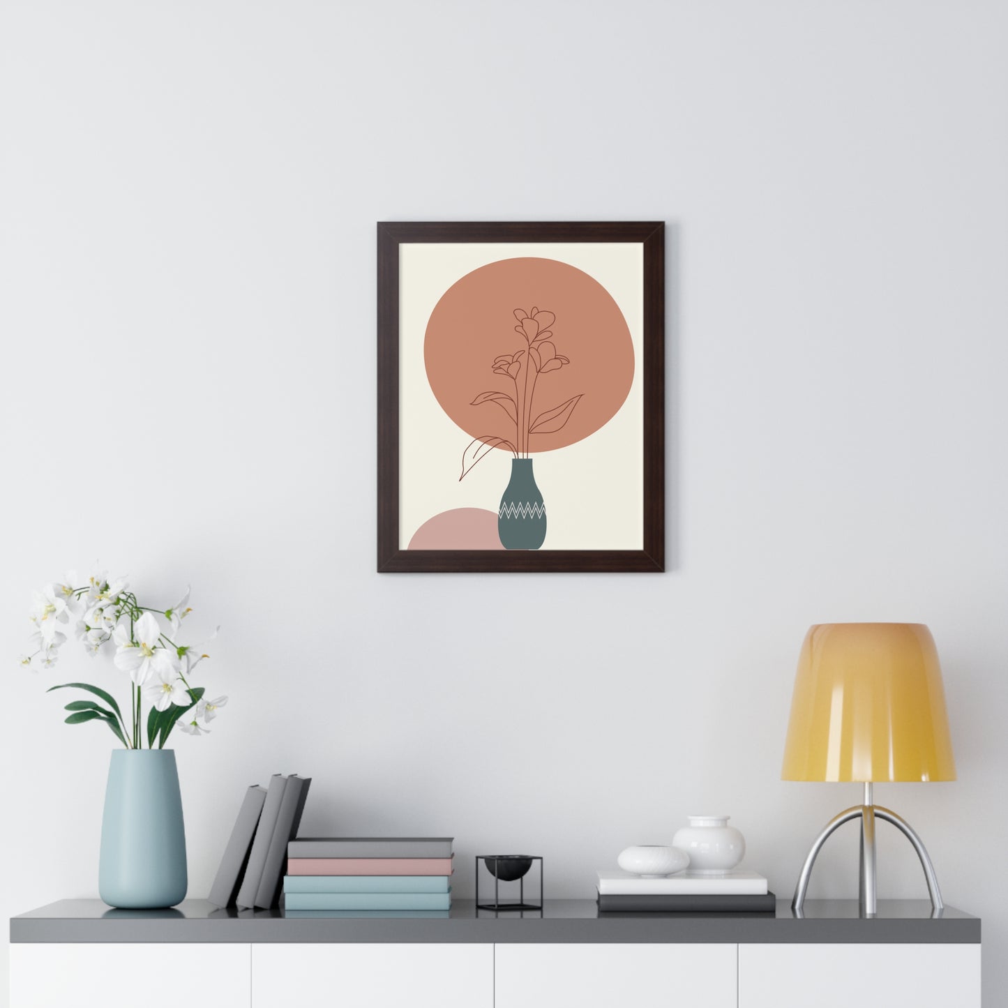 Decorative Vase with Blooms Art Print | Earthy Toned Botanical Illustration | XCalibre Designs | Framed Vertical Poster