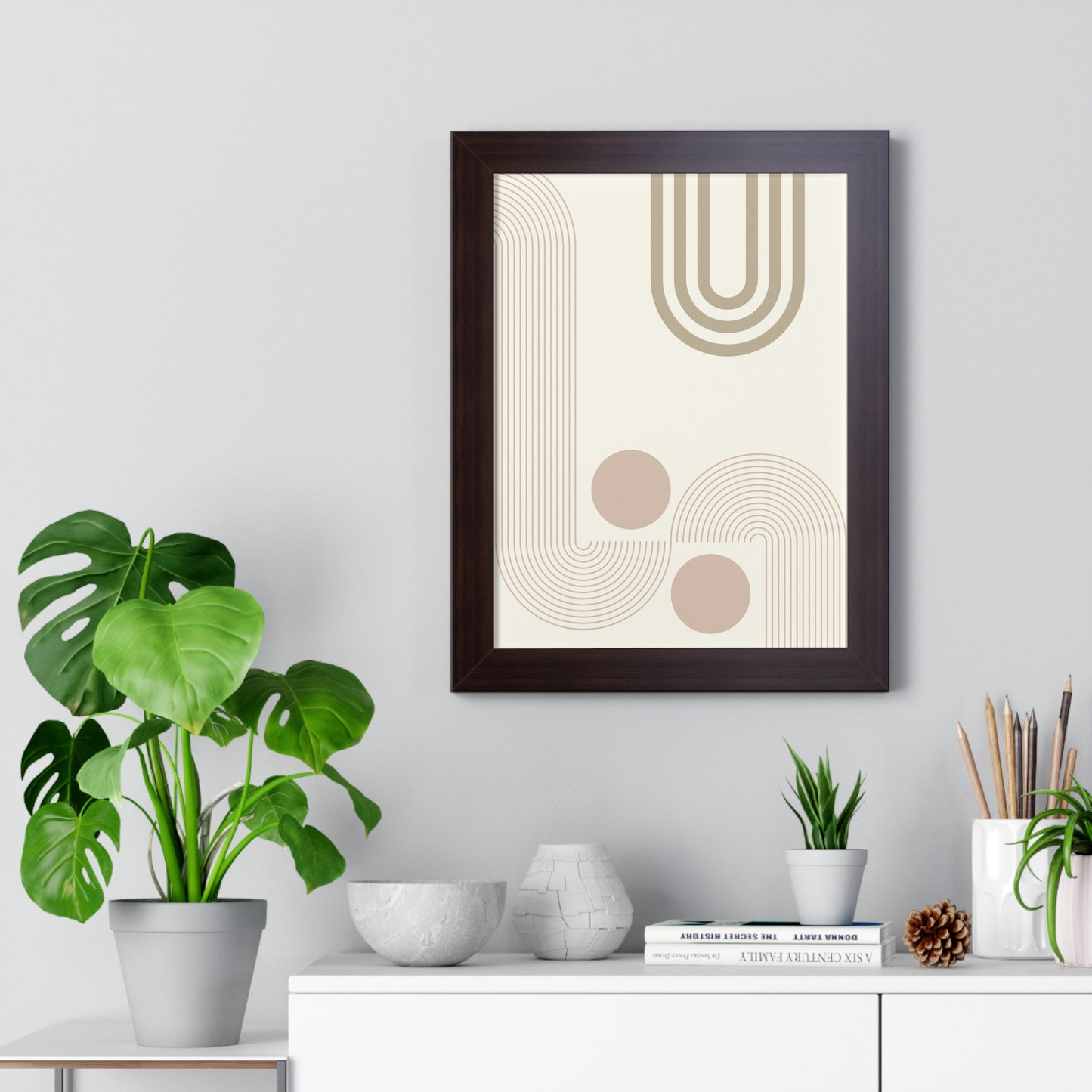 Neutral Abstract Lines and Circles Art Print | Modern Minimalist Wall Art | XCalibre Designs | Framed Vertical Poster