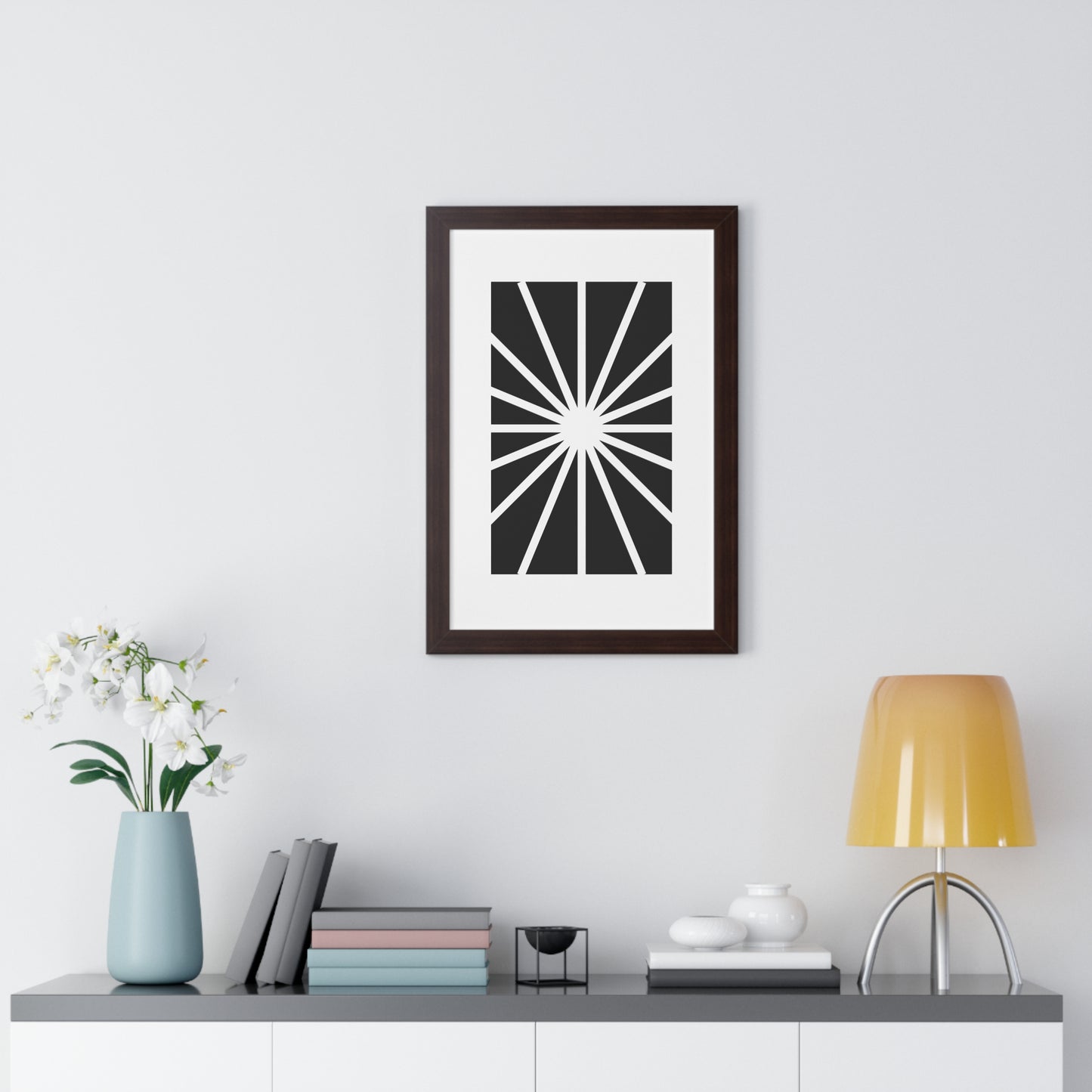 Black and White Starburst Art Print | Modern Abstract Radiant Wall Art | XCalibre Designs | Framed Vertical Poster