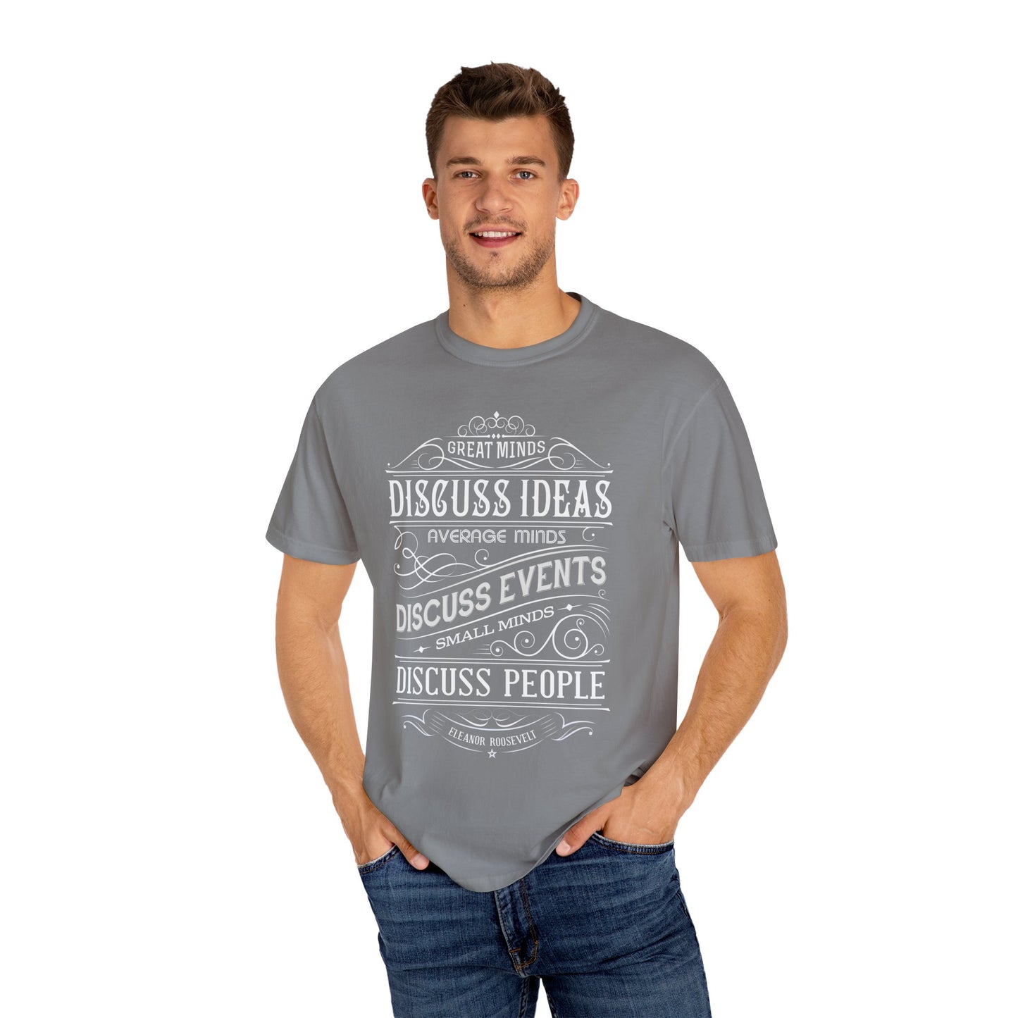 Philosophical Quote T-Shirt | 'Great Minds Discuss Ideas' Olive Green Tee | XCalibre Designs