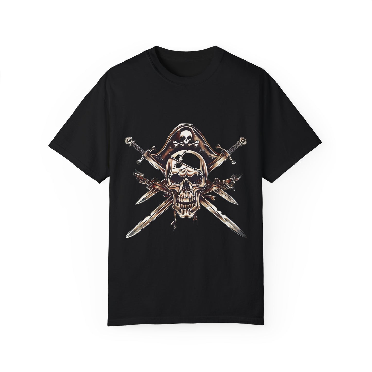 Pirate Skull and Crossed Swords Graphic Tee | Edgy Black Crew Neck T-Shirt | XCalibre Designs