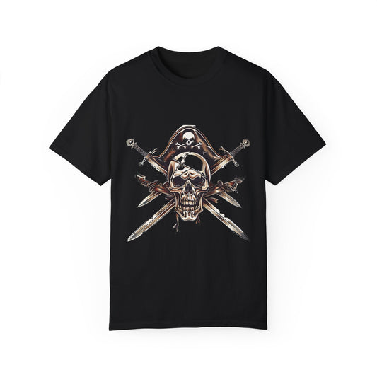 Pirate Skull and Crossed Swords Graphic Tee | Edgy Black Crew Neck T-Shirt | XCalibre Designs