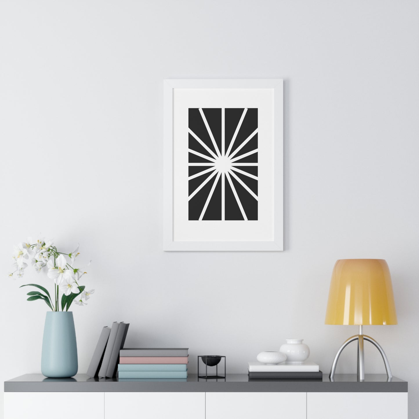 Black and White Starburst Art Print | Modern Abstract Radiant Wall Art | XCalibre Designs | Framed Vertical Poster