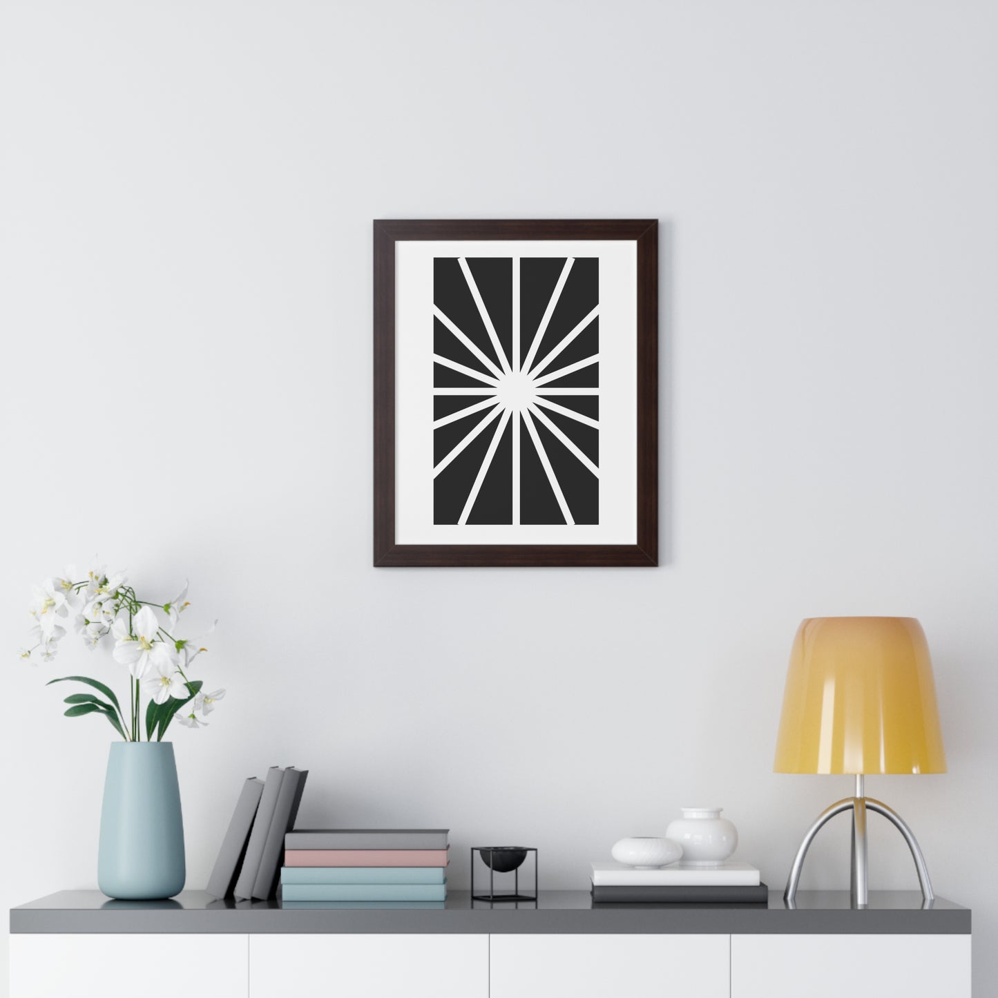 Black and White Starburst Art Print | Modern Abstract Radiant Wall Art | XCalibre Designs | Framed Vertical Poster