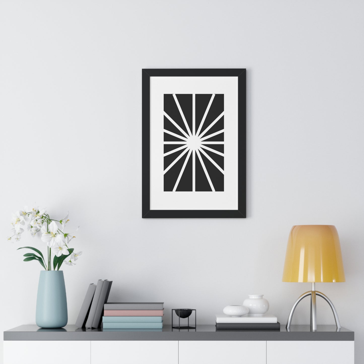 Black and White Starburst Art Print | Modern Abstract Radiant Wall Art | XCalibre Designs | Framed Vertical Poster