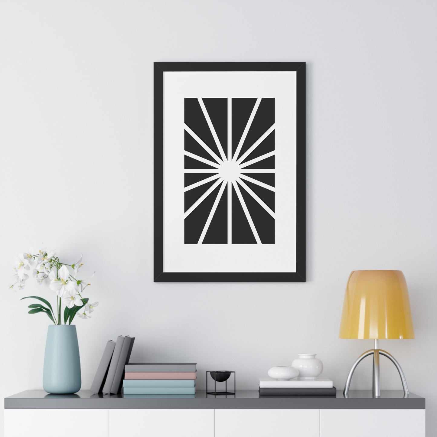 Black and White Starburst Art Print | Modern Abstract Radiant Wall Art | XCalibre Designs | Framed Vertical Poster