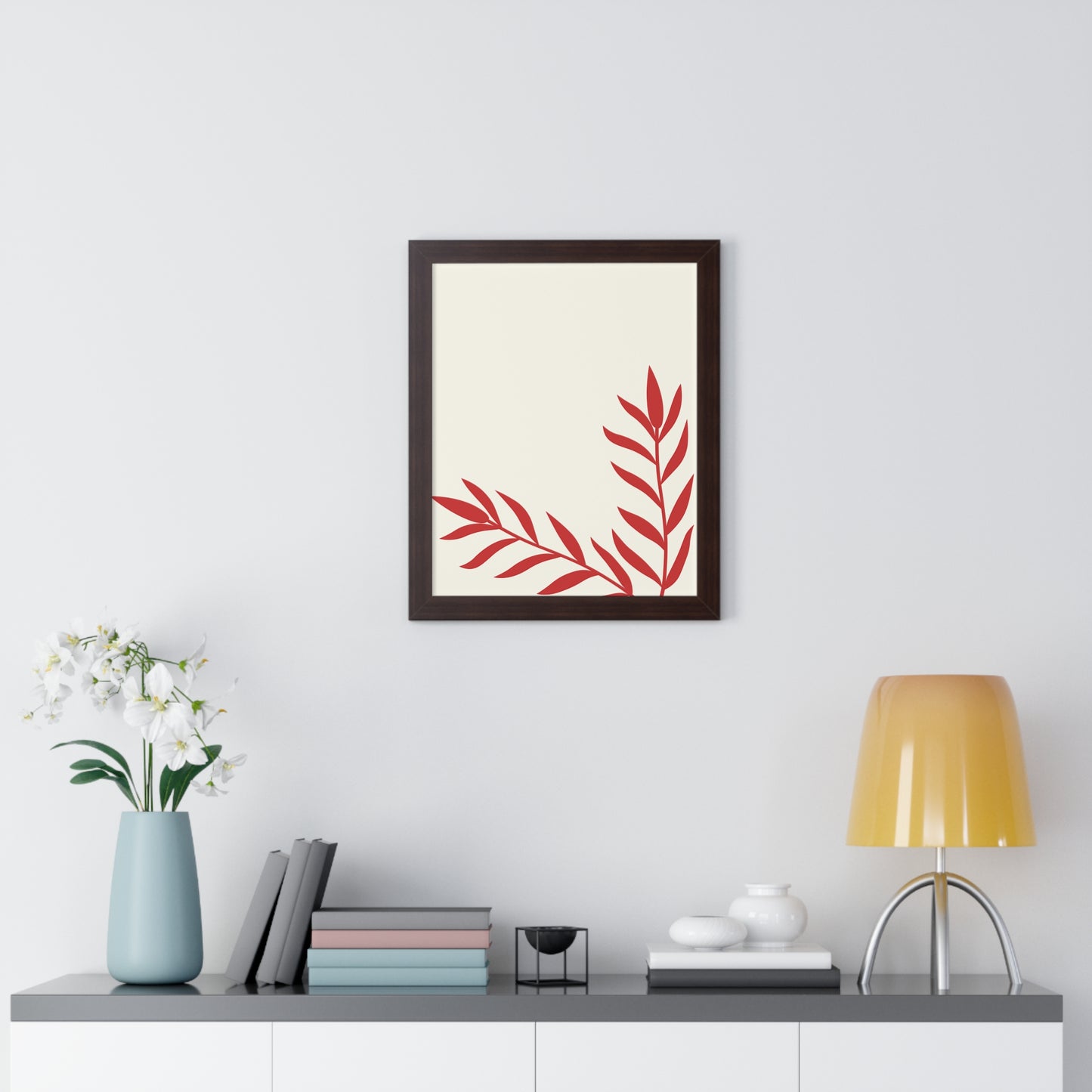 Minimalist Red Fern Leaf Art Print | Modern Botanical Wall Decor | XCalibre Designs | Framed Vertical Poster