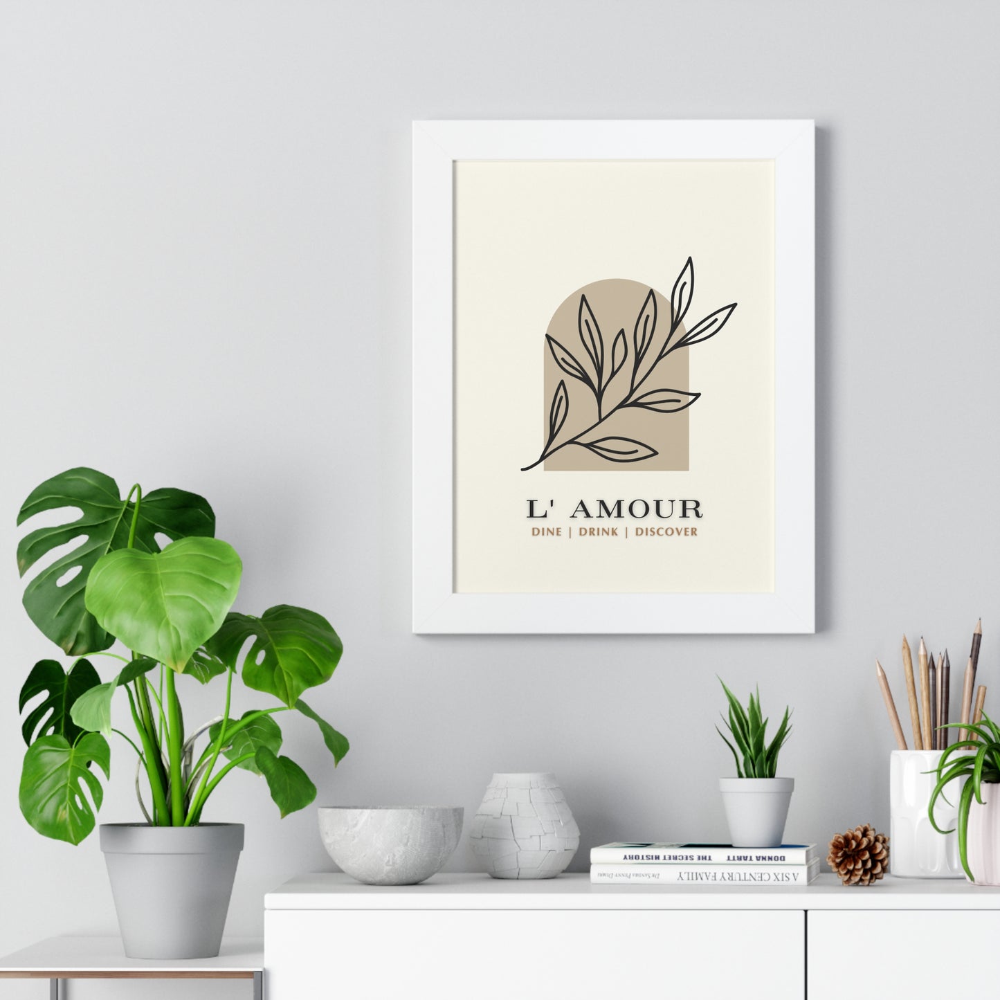 Chic 'L'Amour' Botanical Print | Sophisticated Leaf Silhouette Art | XCalibre Designs | Framed Vertical Poster