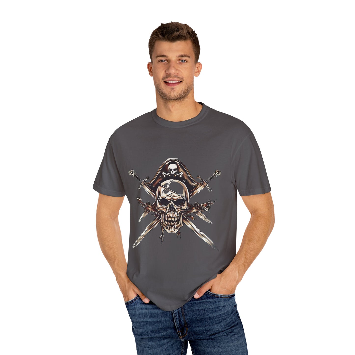 Pirate Skull and Crossed Swords Graphic Tee | Edgy Black Crew Neck T-Shirt | XCalibre Designs