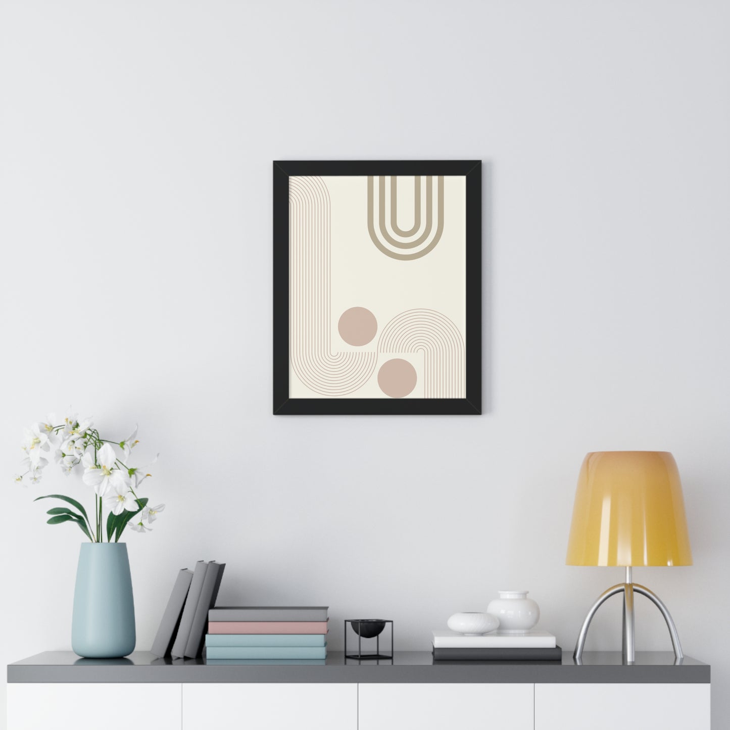 Neutral Abstract Lines and Circles Art Print | Modern Minimalist Wall Art | XCalibre Designs | Framed Vertical Poster