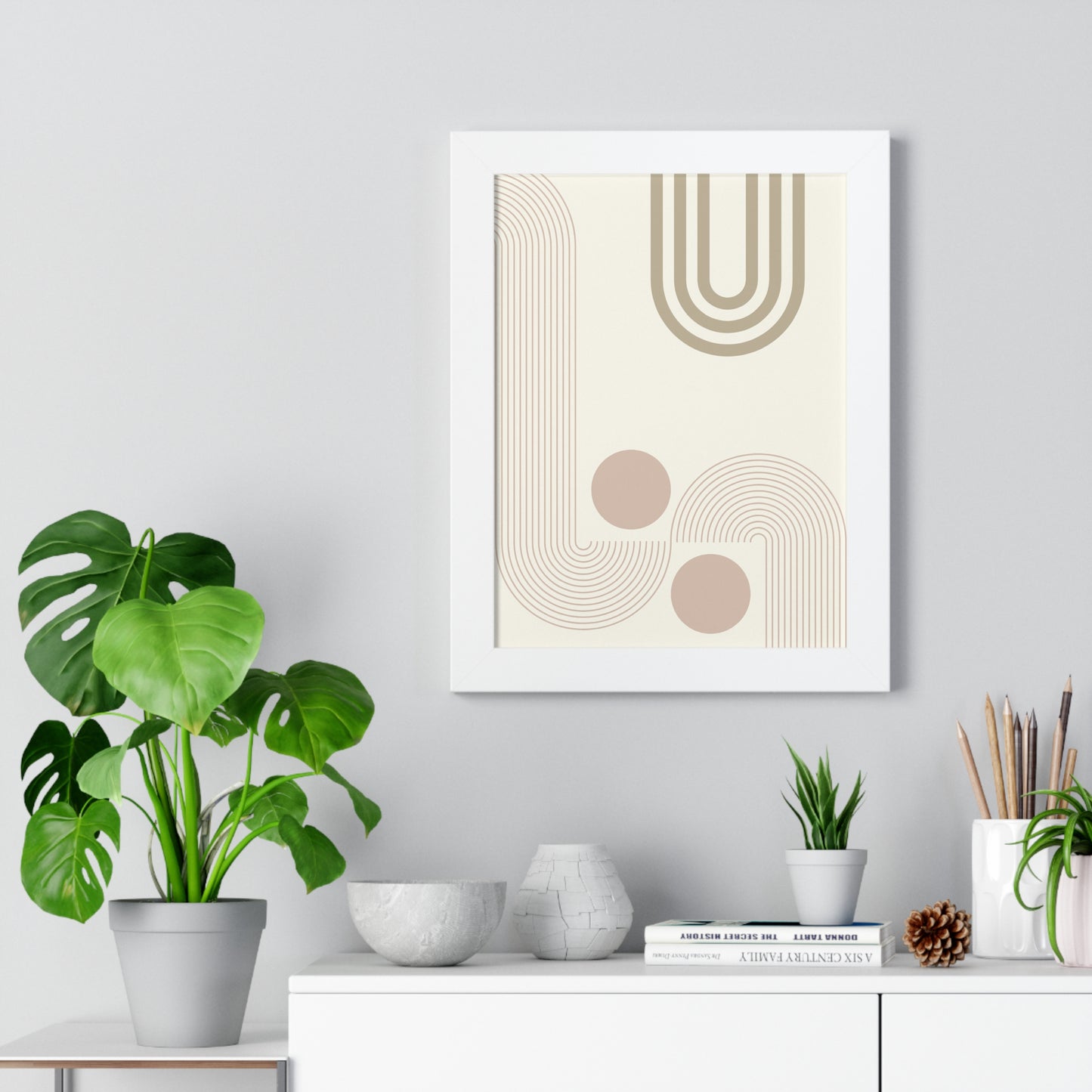 Neutral Abstract Lines and Circles Art Print | Modern Minimalist Wall Art | XCalibre Designs | Framed Vertical Poster