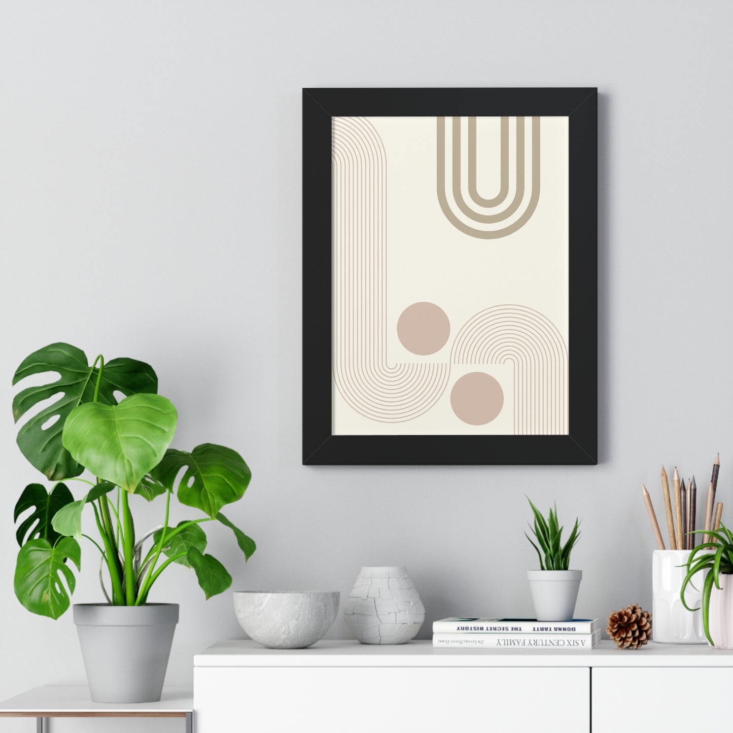 Neutral Abstract Lines and Circles Art Print | Modern Minimalist Wall Art | XCalibre Designs | Framed Vertical Poster