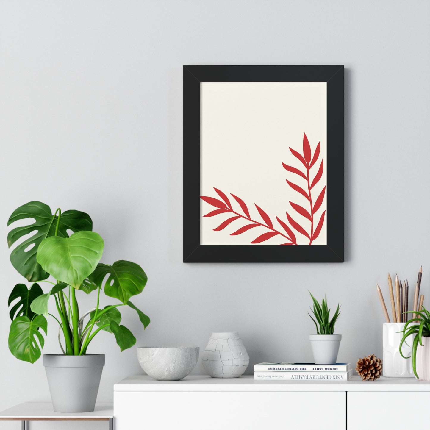 Minimalist Red Fern Leaf Art Print | Modern Botanical Wall Decor | XCalibre Designs | Framed Vertical Poster