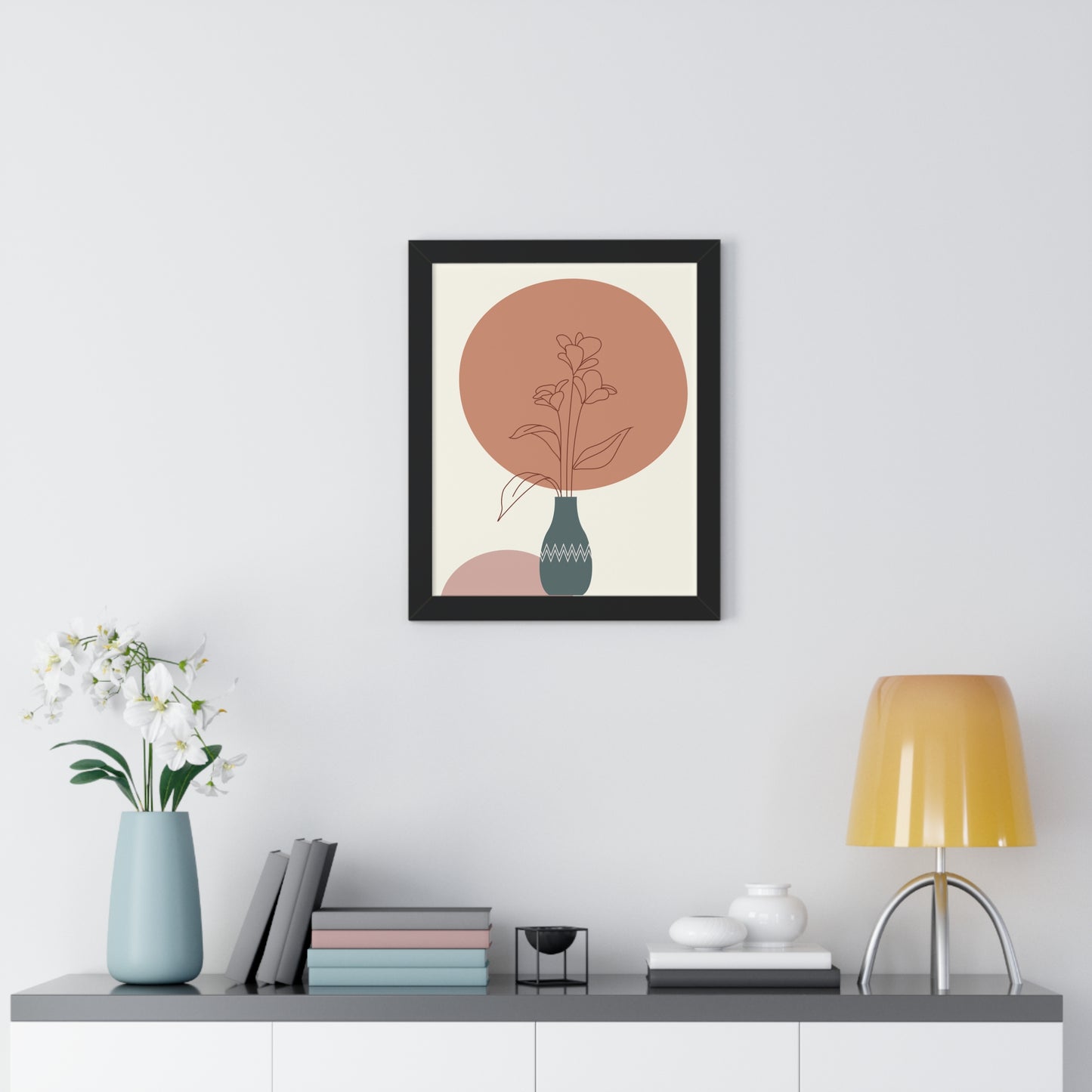 Decorative Vase with Blooms Art Print | Earthy Toned Botanical Illustration | XCalibre Designs | Framed Vertical Poster