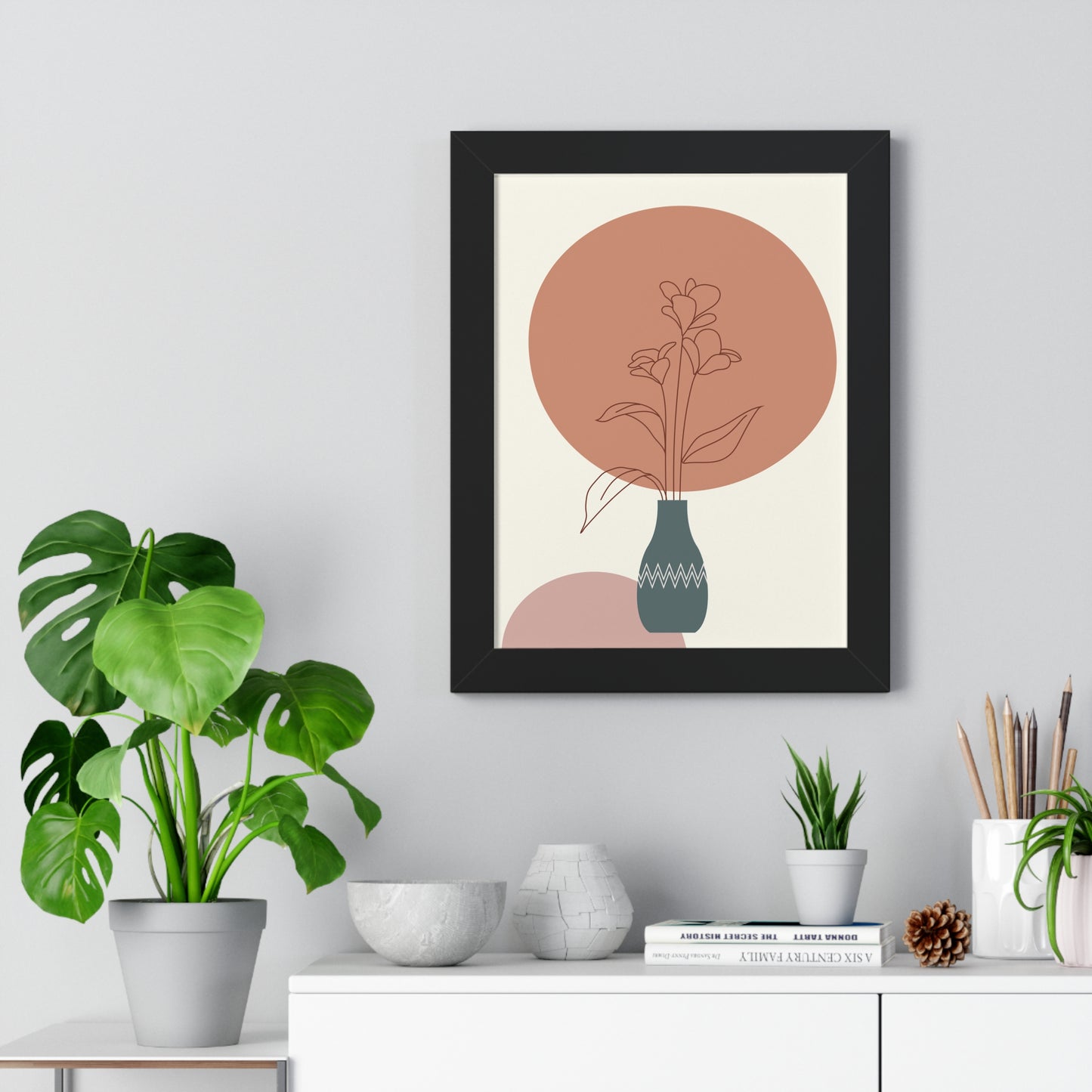 Decorative Vase with Blooms Art Print | Earthy Toned Botanical Illustration | XCalibre Designs | Framed Vertical Poster