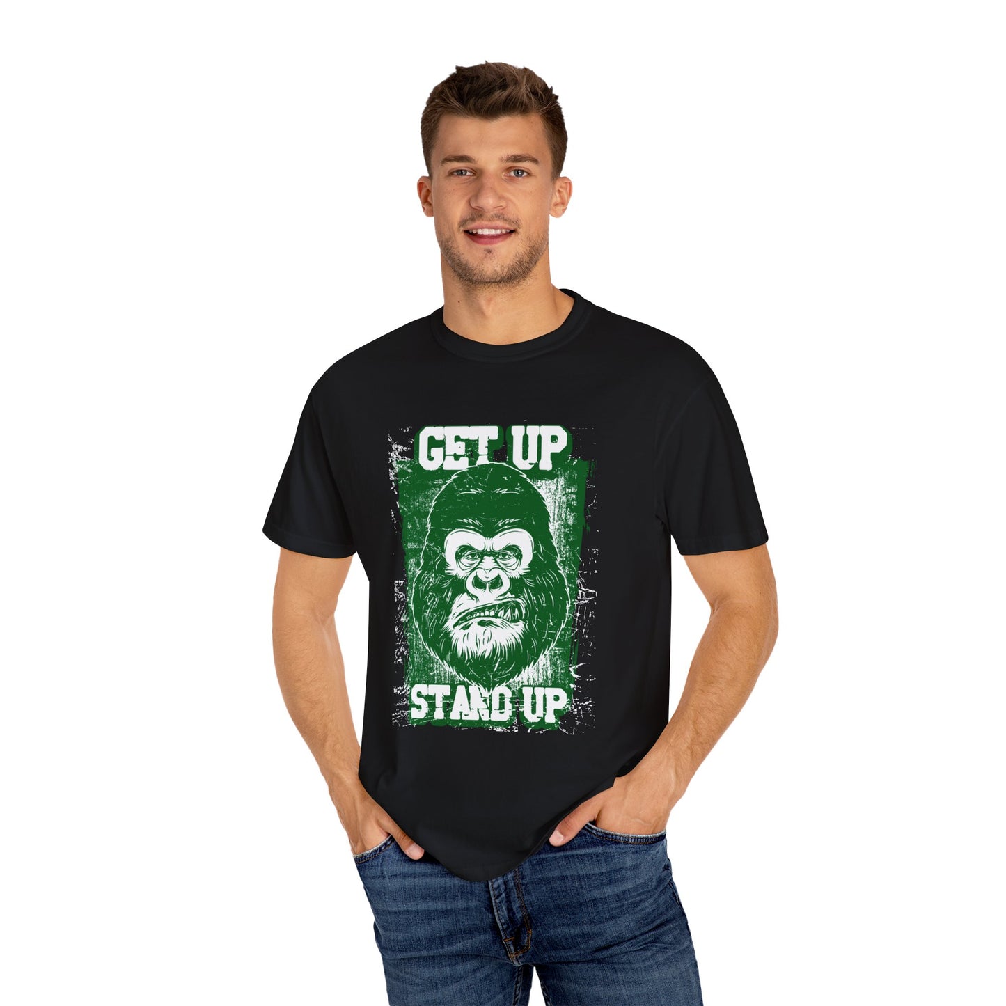 Inspirational Gorilla 'Get Up Stand Up' Graphic Tee | Black Motivational T-Shirt | XCalibre Designs