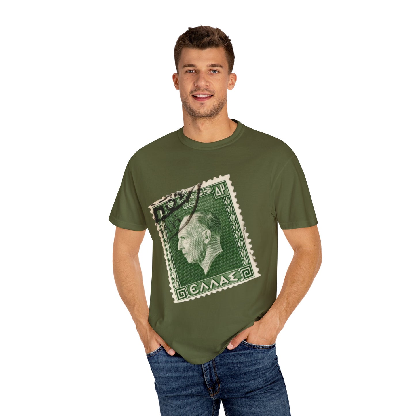 Vintage Stamp Collector Graphic Tee | Olive Green Philately T-Shirt | XCalibre Designs