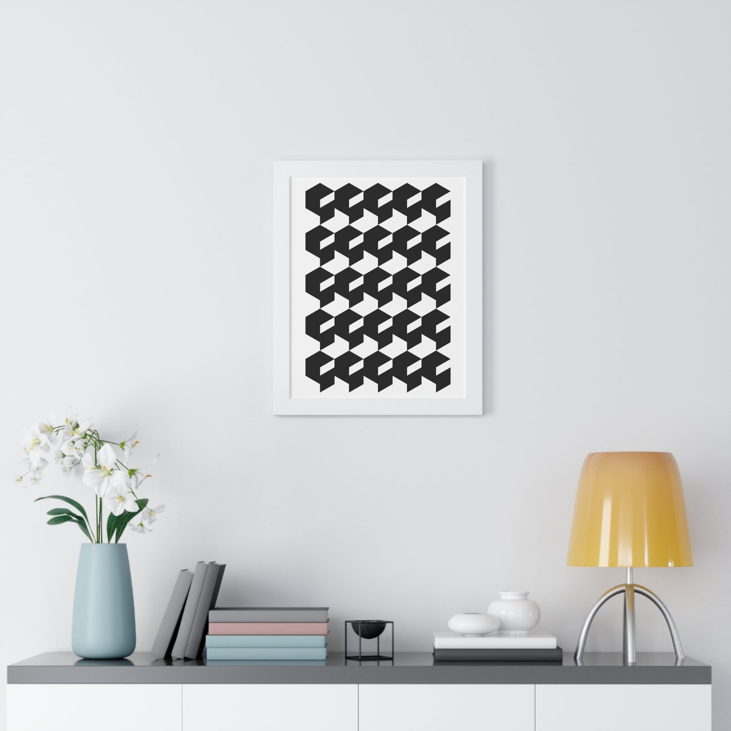 Optical Illusion Cubes Art Print | Black and White Geometric Wall Art | XCalibre Designs | Framed Vertical Poster