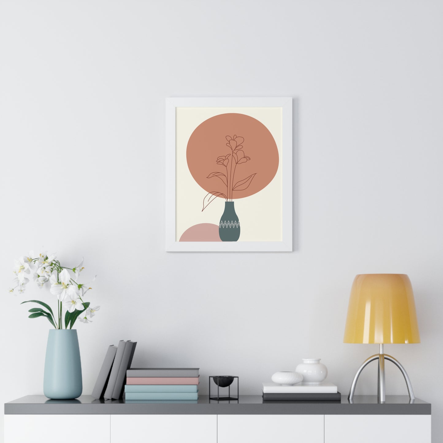 Decorative Vase with Blooms Art Print | Earthy Toned Botanical Illustration | XCalibre Designs | Framed Vertical Poster