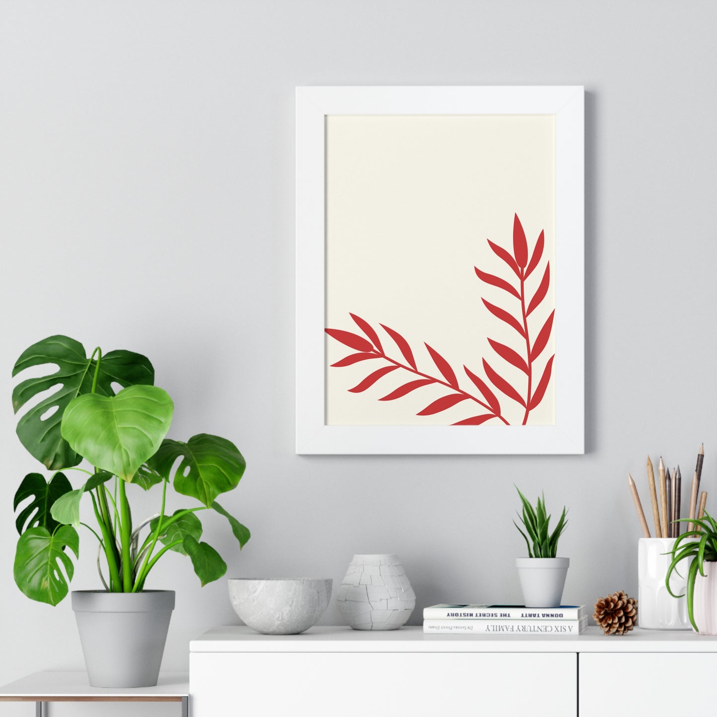 Minimalist Red Fern Leaf Art Print | Modern Botanical Wall Decor | XCalibre Designs | Framed Vertical Poster